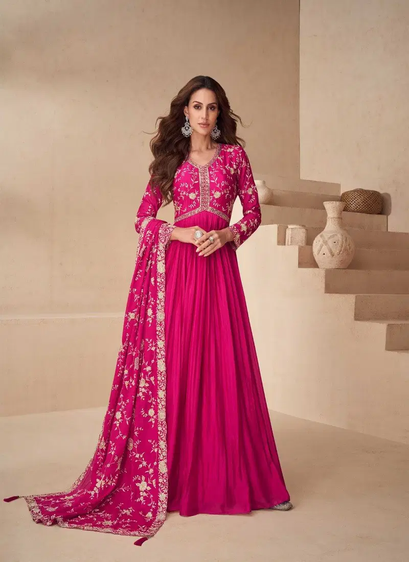 Pink Colour Kesariya By Aashirwad Chinon Silk Gown With Dupatta Exporters In India 10140