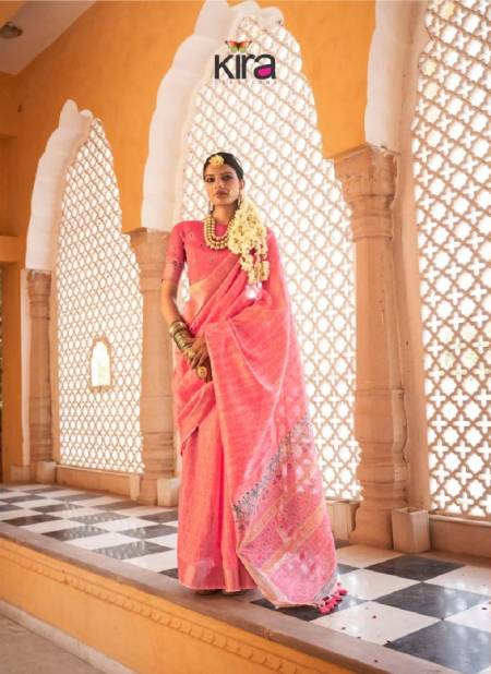 Pink Colour Kinaara By Kira Tusser Linen Saree Wholesalers In Delhi 3208