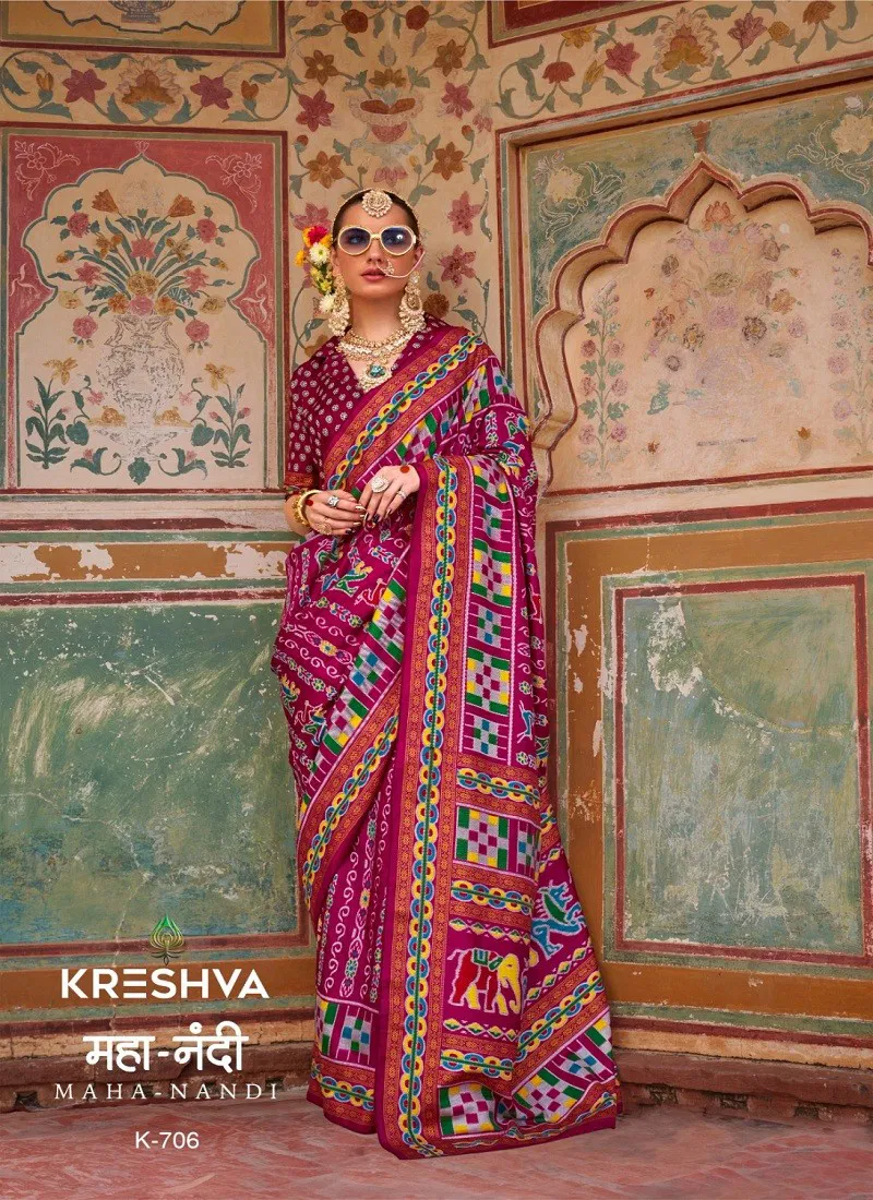 Pink Colour Maha Nandi By Kreshva Silk Printed Saree Wholesale In India K-706