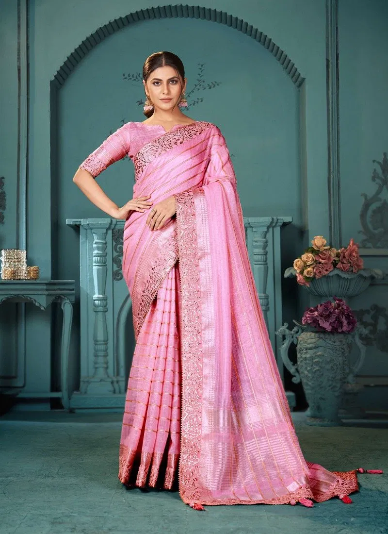 Pink Colour Muskan By Sumitra 105 A To 105 E Cotton Linen Designer sarees Wholesale Shop In Surat 105 A