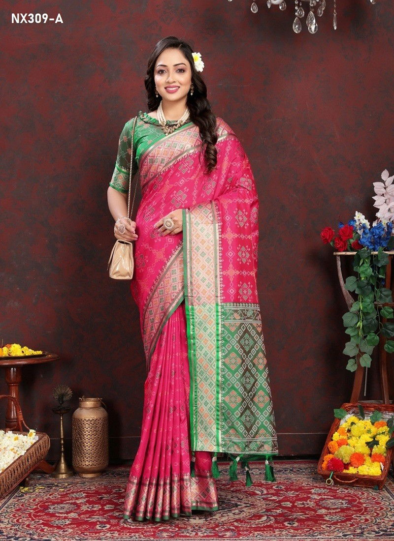 Pink Colour NX309-A To NX309-F by Murti Nx Soft Patola Silk Sarees Surat Wholesale Market NX309-A