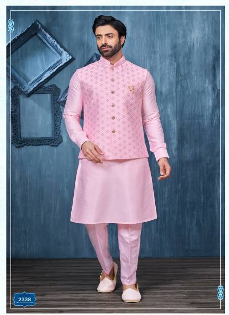 Pink Colour Occasion Wear Art Banarasi Silk Mens Modi Jacket Kurta Pajama Wholesale Market In Surat 2338