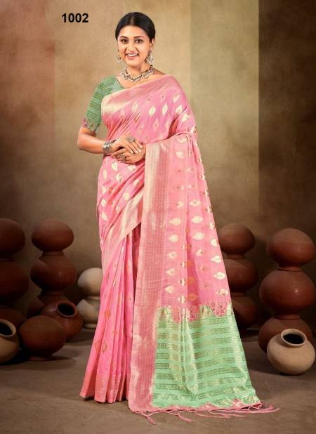 Pink Colour Pasmina Cotton By Bunawat Linen Saree Wholesale Online 1002