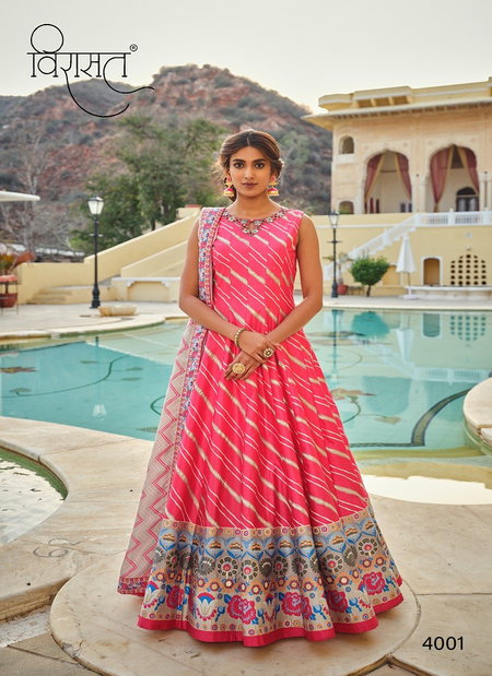 Pink Colour Peshwani By Virasat Cherry Silk Printed Wedding Wear Gown With Dupatta Suppliers In India 4001