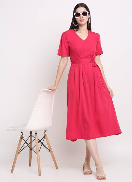 Pink Colour Raisin American Crepe Party Wear Western Midi Dress Catalog OLRF0003