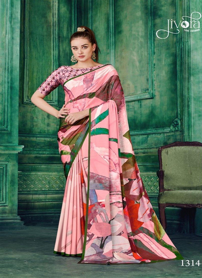 Pink Colour Rio By Jivora 1305 to 1318 Crepe Digital Printed Summer Wear Saree Wholesale Price In Surat 1314