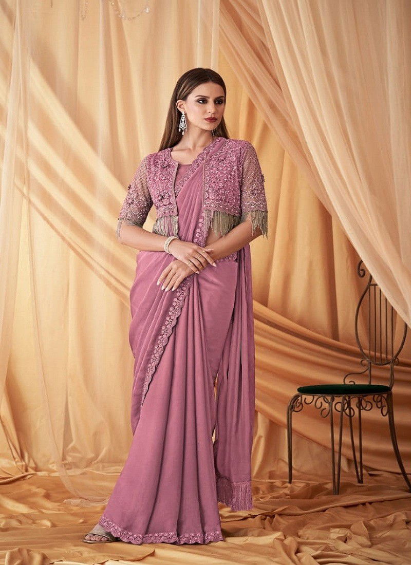 Pink Colour Sparkle 7612 Hit By TFH Desginer Sartin Georgette Designer Party Wear Jacket With Saree Wholesale In Delhi 7612F