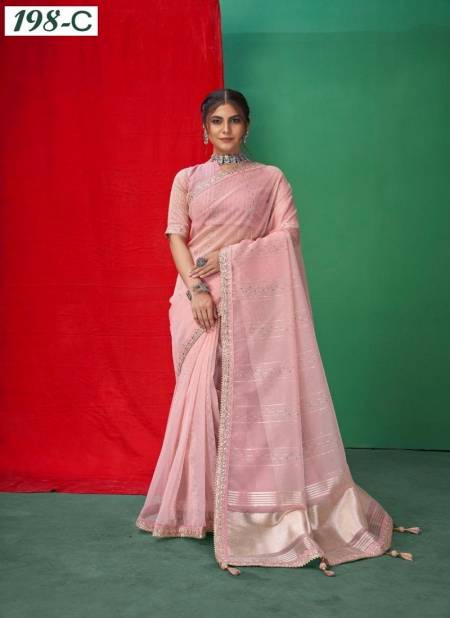 Pink Colour Sumitra 198 A To 198 F Organza Lining With Coding Jari Work Border Saree Manufacturers 198 C