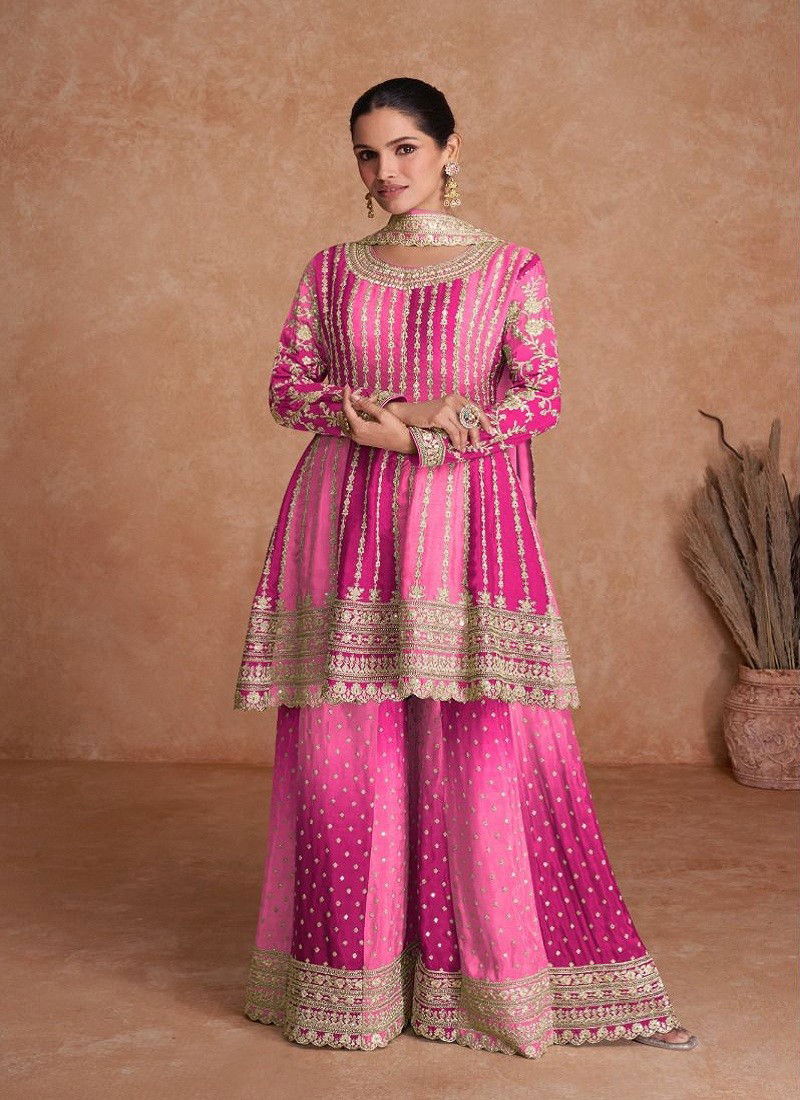 Pink Colour Vaani Vol 2 By Gulkayra Real Chinon Sharara Readymade Suits Exporters In India 7407-J