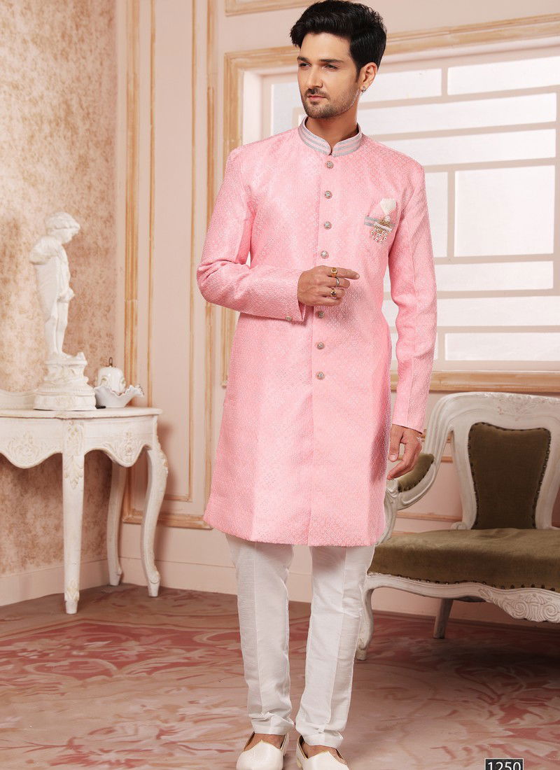 Pink Colour Wedding Wear Mens Wholesale Indo Western Catalog 1250