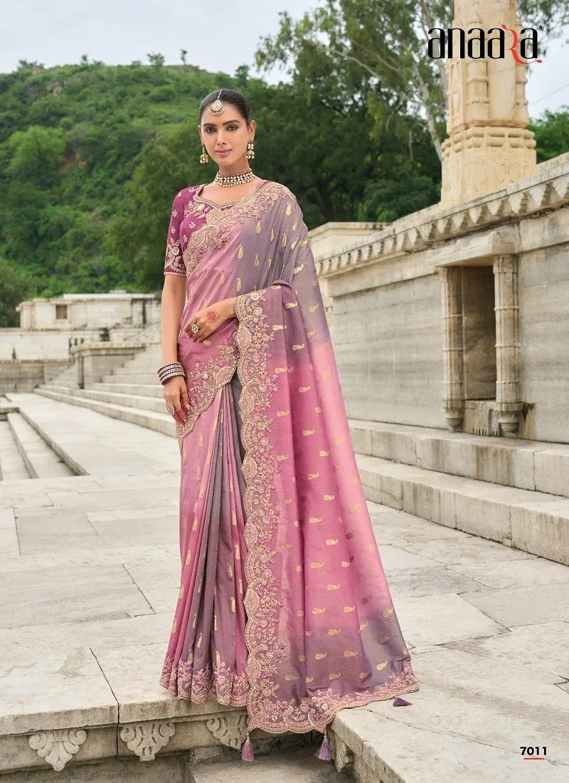 Pink Grey Colour Anaara By Tathastu 7001 To 7011 Series Viscose Tissue Silk Wedding Wear Saree Suppliers in Mumbai TE 7011