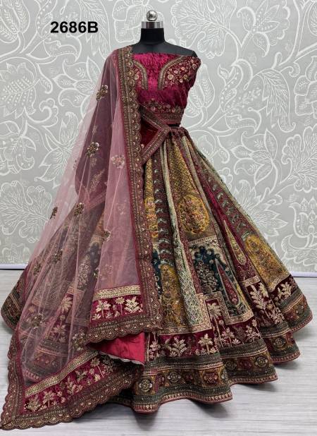 Pink Multi Colour 2687 A And 2686 B by Anjani Art Wedding Velvet Bridal Lehenga Choli Wholesale In India 2686B