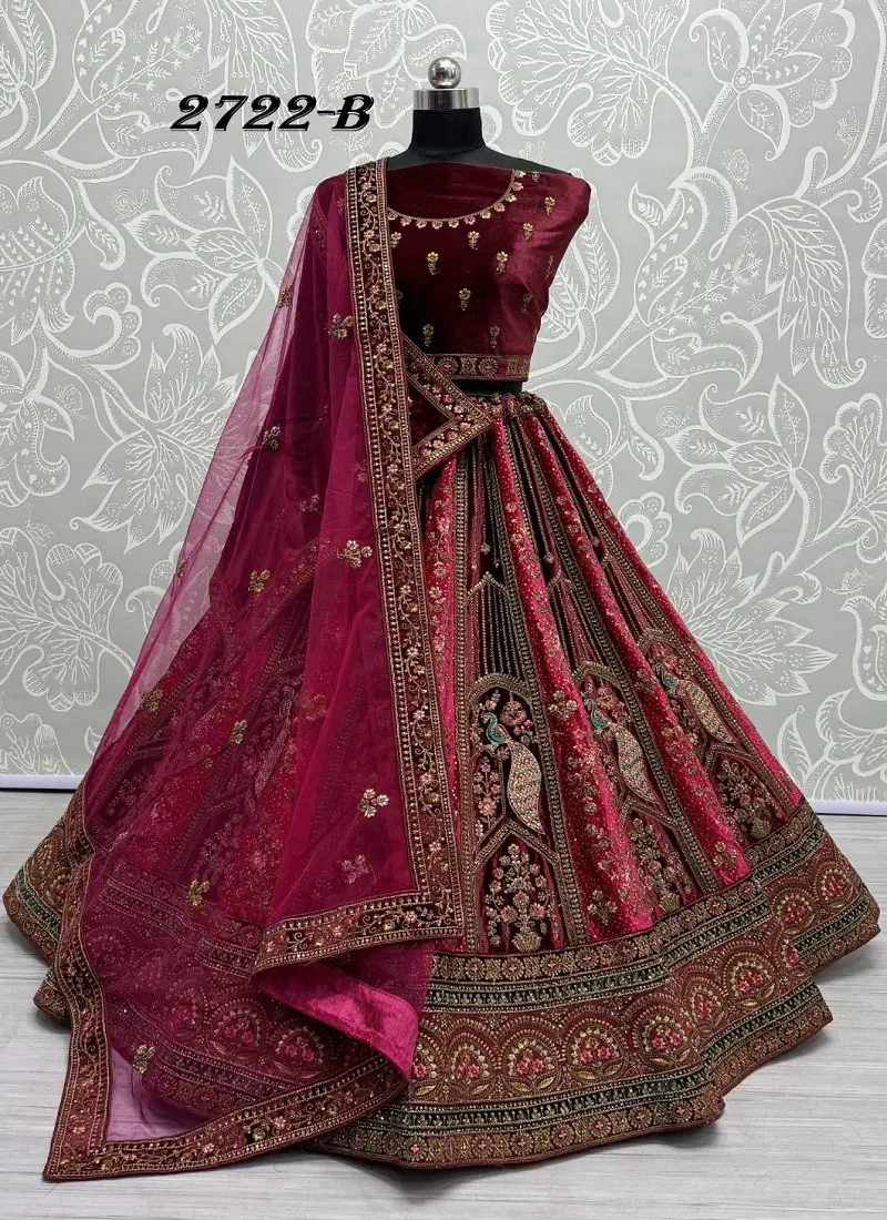 Pink Multi Colour 2723 A To 2722 C by Anjani Art Velvet Embroidery Bridal Lehenga Choli Exporters In India 2722-B