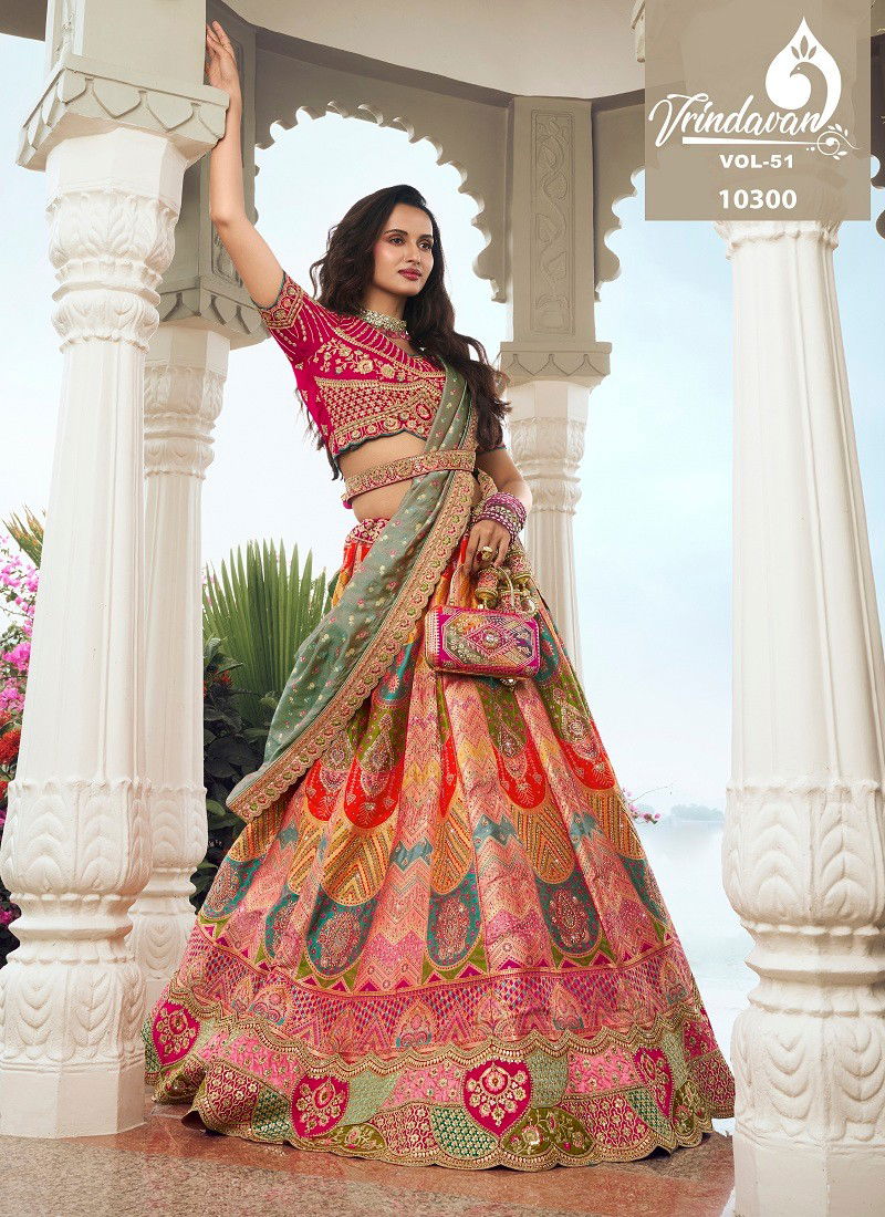 Pink Multi Colour Royal Vrindavan Vol 51 Silk Bridal Lehenga Choli Suppliers In India 10300