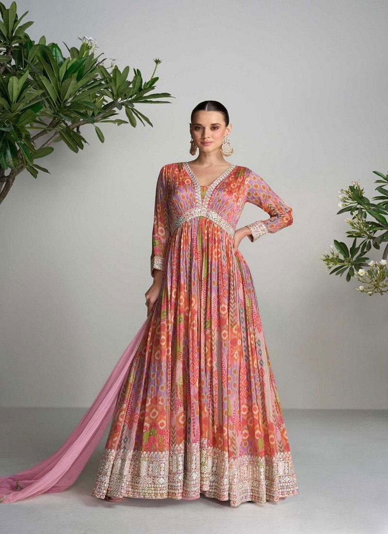 Pink Multi Colour Scarlet By Gulkayra Real Chinon Wedding Printed Bulk Gown With Dupatta Orders In India 7465