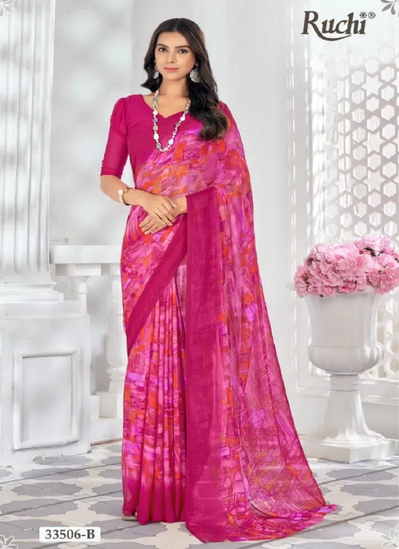 Pink Multi Colour Star Chiffon 159 By Ruchi Printed Daily Wear Sarees Orders In India 33506-B