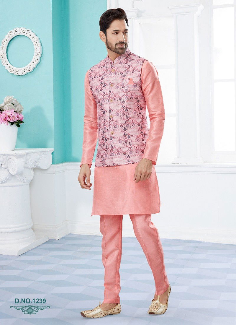 Pink Vol 15 Wedding Wear Mens Modi Jacket Kurta Pajama Surat Wholesale Market 1239