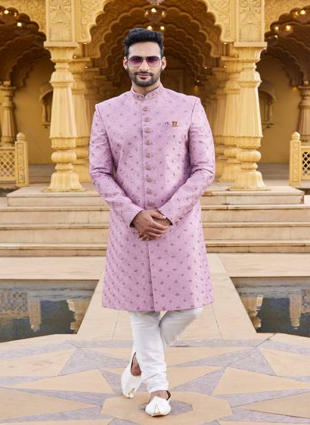 Pink White Colour Wedding Wear Mens Sherwani Catalog 2638