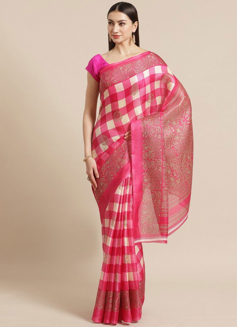 Pink checks Daily Wear Pinted Bhagalpuri Saree 83