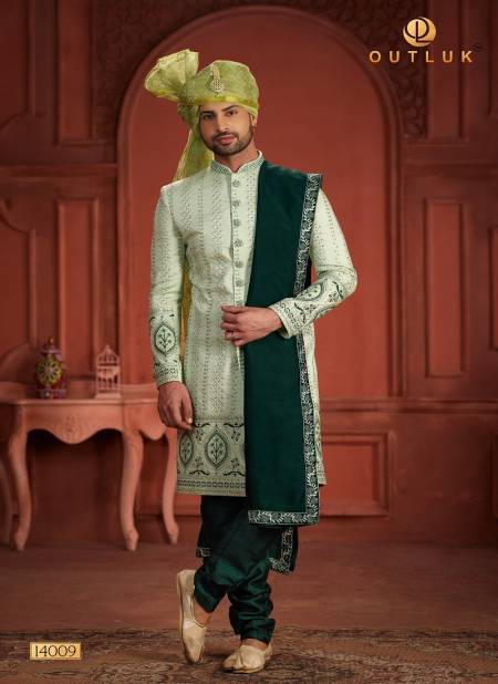Pista And Bottle Green Colour Outluk Wedding Collection Vol 14 Pure Silk Mens Wear Sherwani Wholesale Online 14009