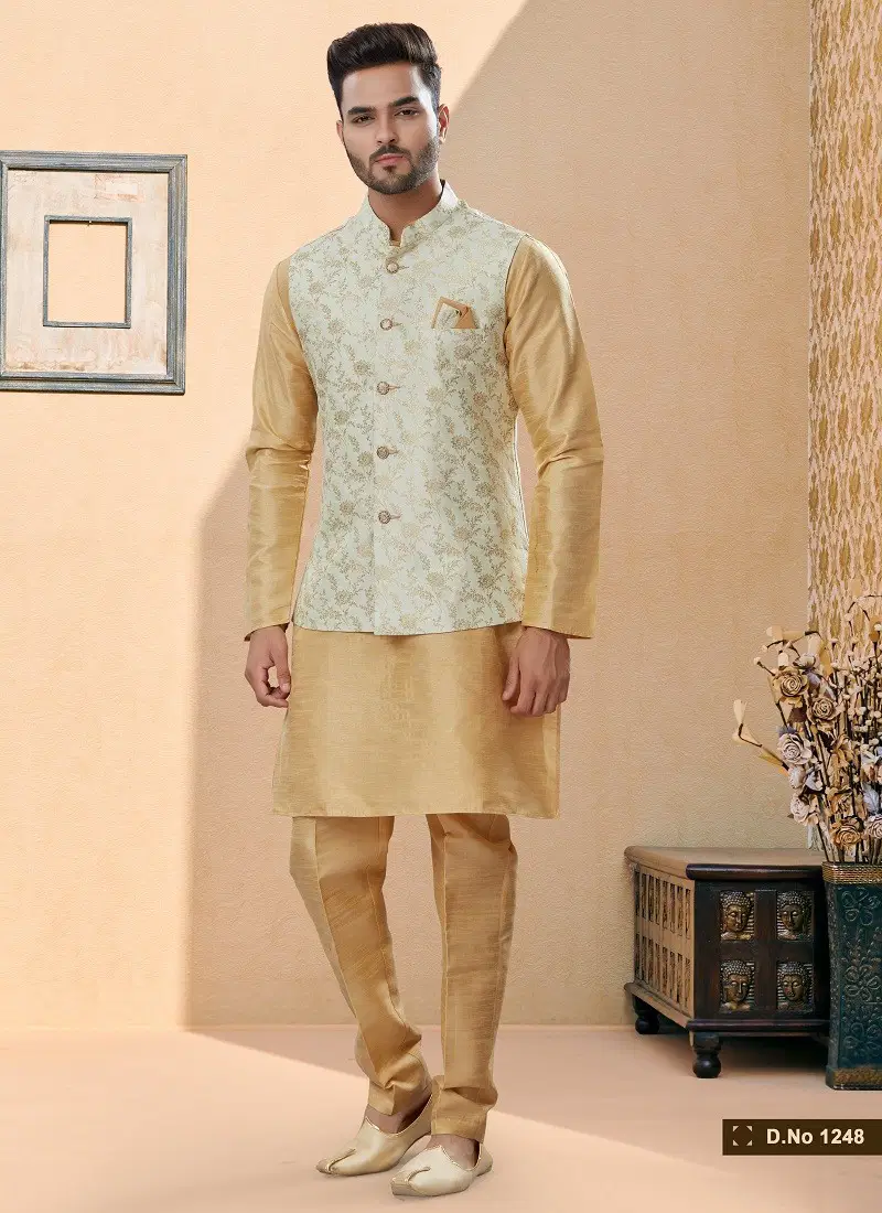 Pista And Gold Vol 15 Wedding Wear Mens Modi Jacket Kurta Pajama Surat Wholesale Market 1248