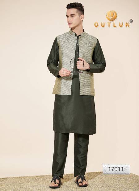 Pista And Mehendi Colour Outluk Wedding Collection Vol 17 Jaquard Mens Modi Jacket Kurta Pajama Exporters In India 17011