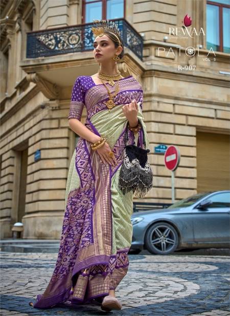 Pista And Purple Colour Patola Vol 5 By Rewaa Printed Silk Wedding Saree Exporters in India R-907