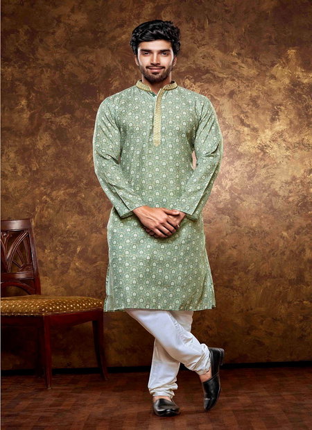 Pista And White Colour 1631 Function Mens Wear Poly Cotton Digital Printed Kurta Pajama Exporters In India 1631-1