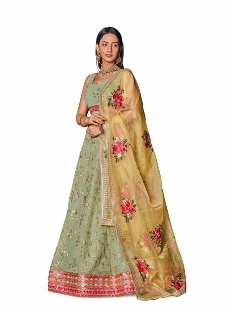 Pista And Yellow Colour Golden Palm By Zeel Clothing Georgette Lehenga Choli Wholesale Online 8007
