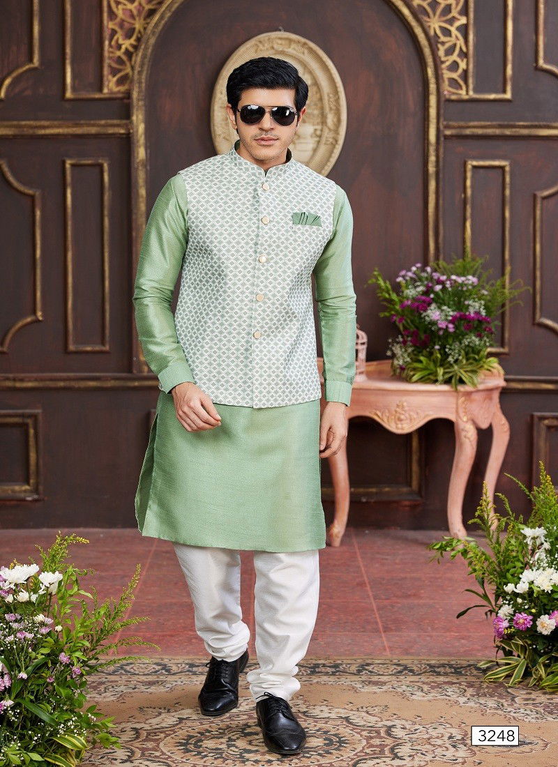 Pista Colour 1643 Party Wear Art Banarasi Silk Mens Modi Jacket Kurta Pajama Wholesale Online 3248