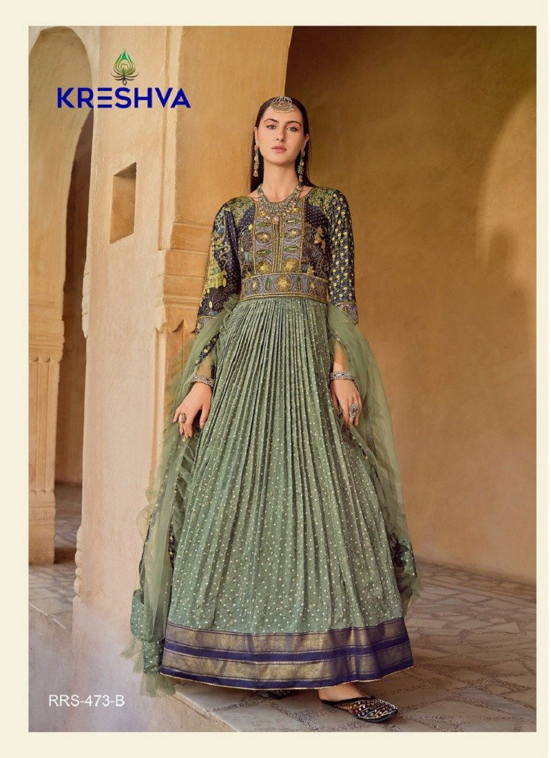 Pista Colour Aadyasha By Kreshva Smooth Silk Reception wear Gown Wholesale Online RRS 473 B