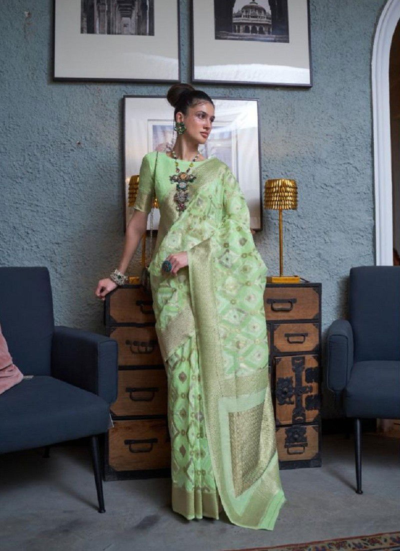 Pista Colour Kapaas Linen By Rajtex 300001 To 300008 Printed Saree Catalog 300008