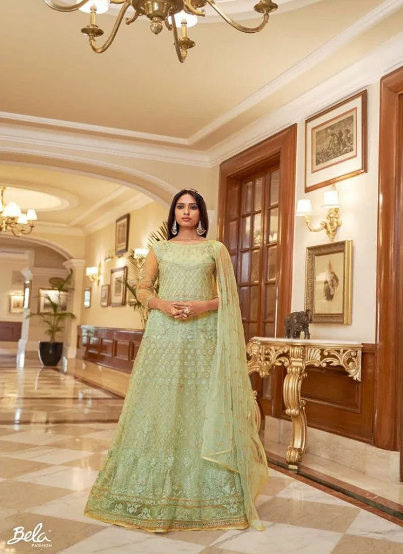 Pista Colour Sabhyata By Bela Wedding Wear Net Anarkali Suit Exporters In India 3010