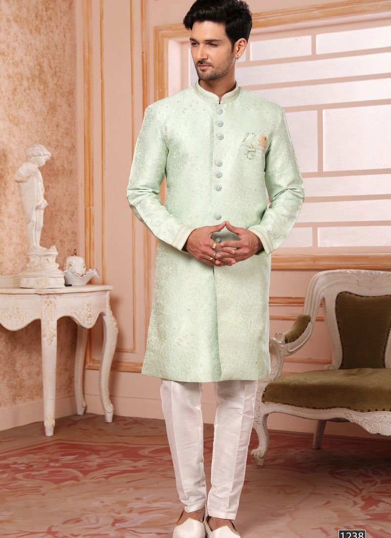 Pista Colour Wedding Wear Mens Wholesale Indo Western Catalog 1238