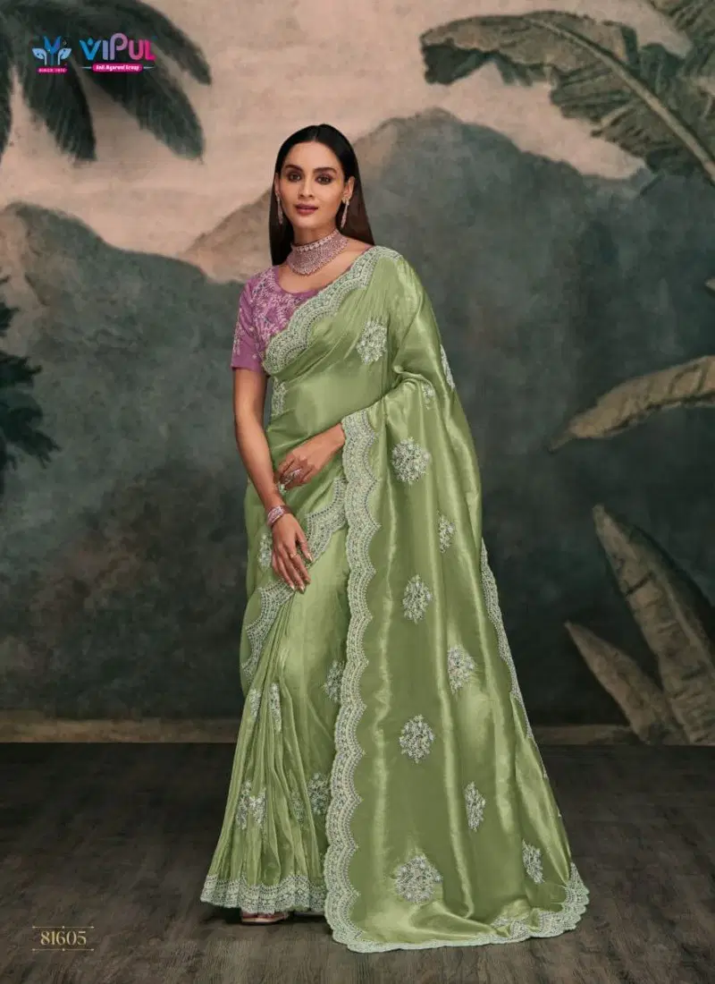 Pista Colour Zari By Vipul Organza Party Wear Saree Wholesale Shop In India 81605