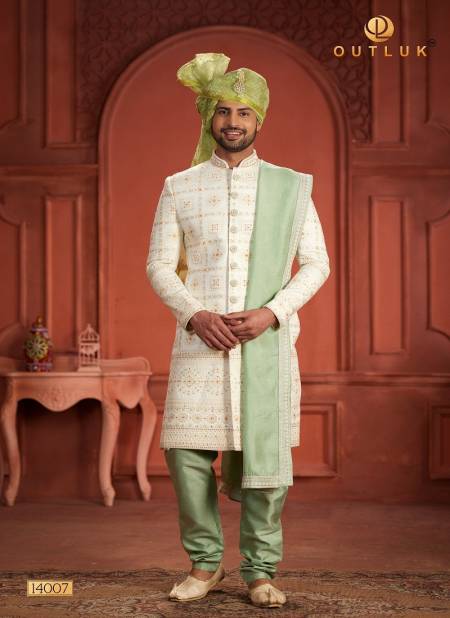 Pista Green And Off White Colour Outluk Wedding Collection Vol 14 Pure Silk Mens Wear Sherwani Wholesale Online 14007