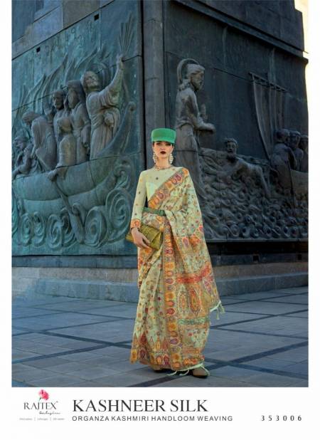 Pista Green Colour Kashneer Silk By Rajtex Organza Kashmiri Handloom Weaving Saree Wholesale Online 353006
