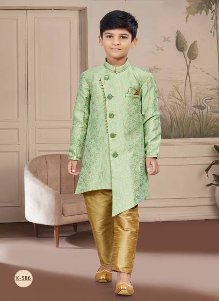 Pista Green Colour Kids Boys Wear Kurta Pajama And Indo Western Catalog K 586