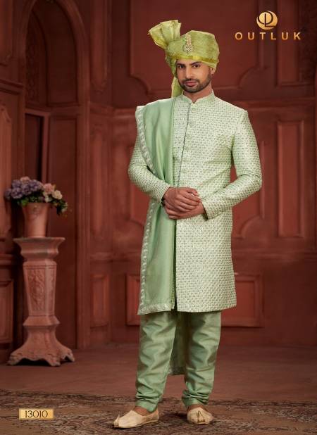 Pista Green Colour Outluk Wedding Collection Vol 13 Heavy Silk Mens Wear Sherwani Manufacturers 13010