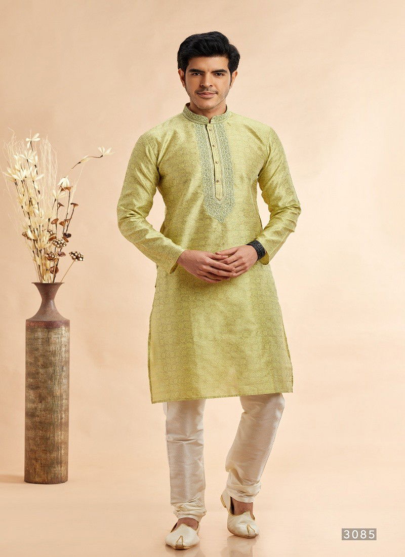 Pista Green Colour Vol 93 Occasion Wear Jaquard Art Silk Mens Kurta Pajama Wholesale Online 3085