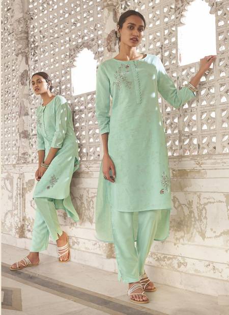 Sky Blue Saanjh Omtex Linen Cotton Designer party wear Handwork Kurtis comes with palazzo Collection Single and Full Set available in wholesale price J52 Catalog