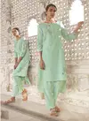 Sky Blue Saanjh Omtex Linen Cotton Designer party wear Handwork Kurtis comes with palazzo Collection Single and Full Set available in wholesale price J52