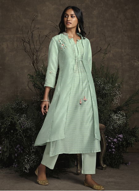 Light Blue Designer Royal Garden Silk Heavy Party Wear Handowork Readymade Kurtis with Palazzo 942 Catalog