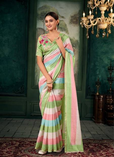 Pista Multi Colour Meghdhanush By Rajpath Chanderi Linen Printed Casual Wear Bulk Saree Orders In India 650007