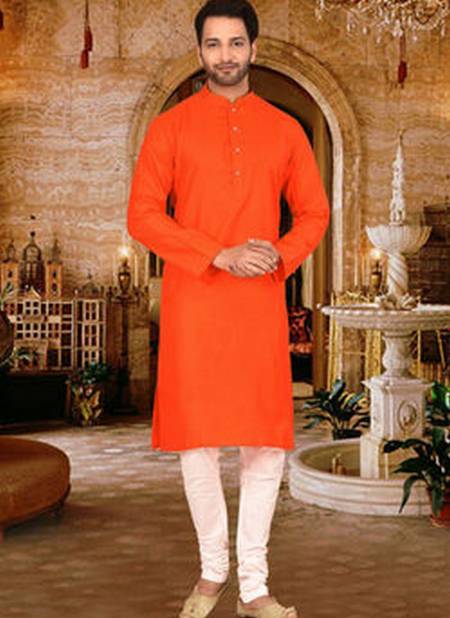 Plain Cotton Orange Colour Kurta With Fancy Button And Pajama AC Cot 02