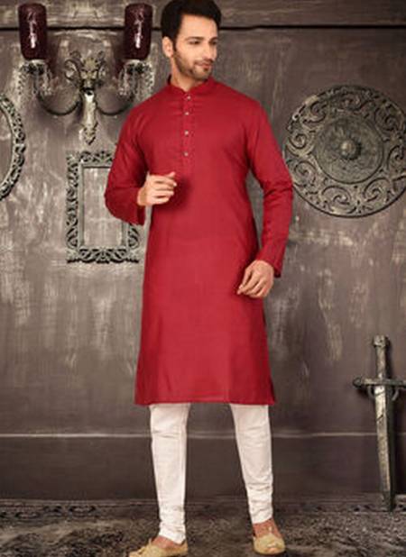 Plain Cotton Red Colour Kurta With Fancy Button And Pajama AC Cot 10