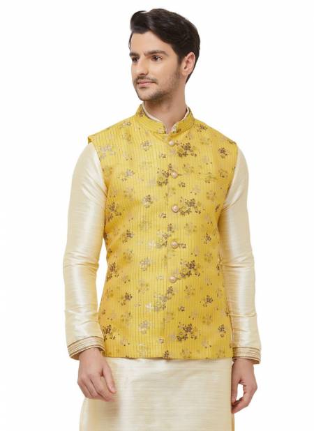 Pride ND Latest Printed Designer Festive And Function Wear Stylish Silk Nehru Jeckets Collection ND24060Yellow
