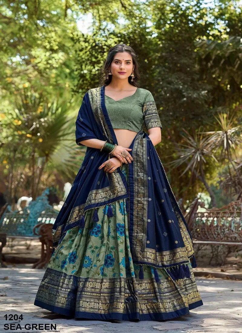 Priyamani By Aawiya Kalamkari Printed Tussar Silk Lehenga Choli Wholesale Online 1204 SEA GREEN