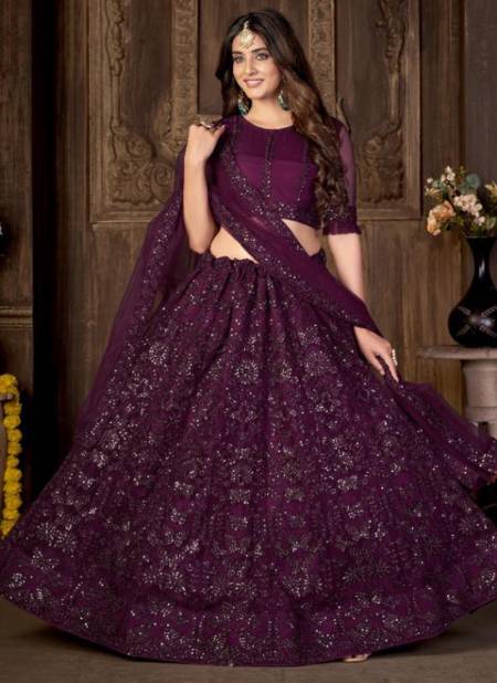 Buy Purple color semi-velvet bridal lehenga choli at fealdeal.com