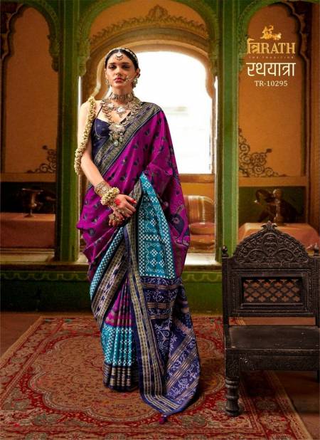 Purple And Blue Colour Rathyatra By Trirath Mercerizer Sigma Silk Printed Saree Exporters In India 10295